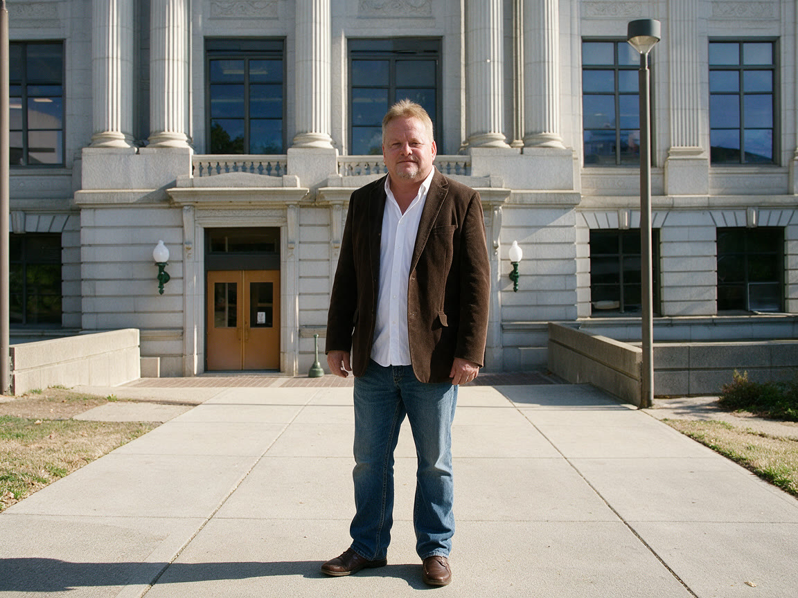 Mike Perdue standing in front of a county courthouse in Guilford County, North Carolina.