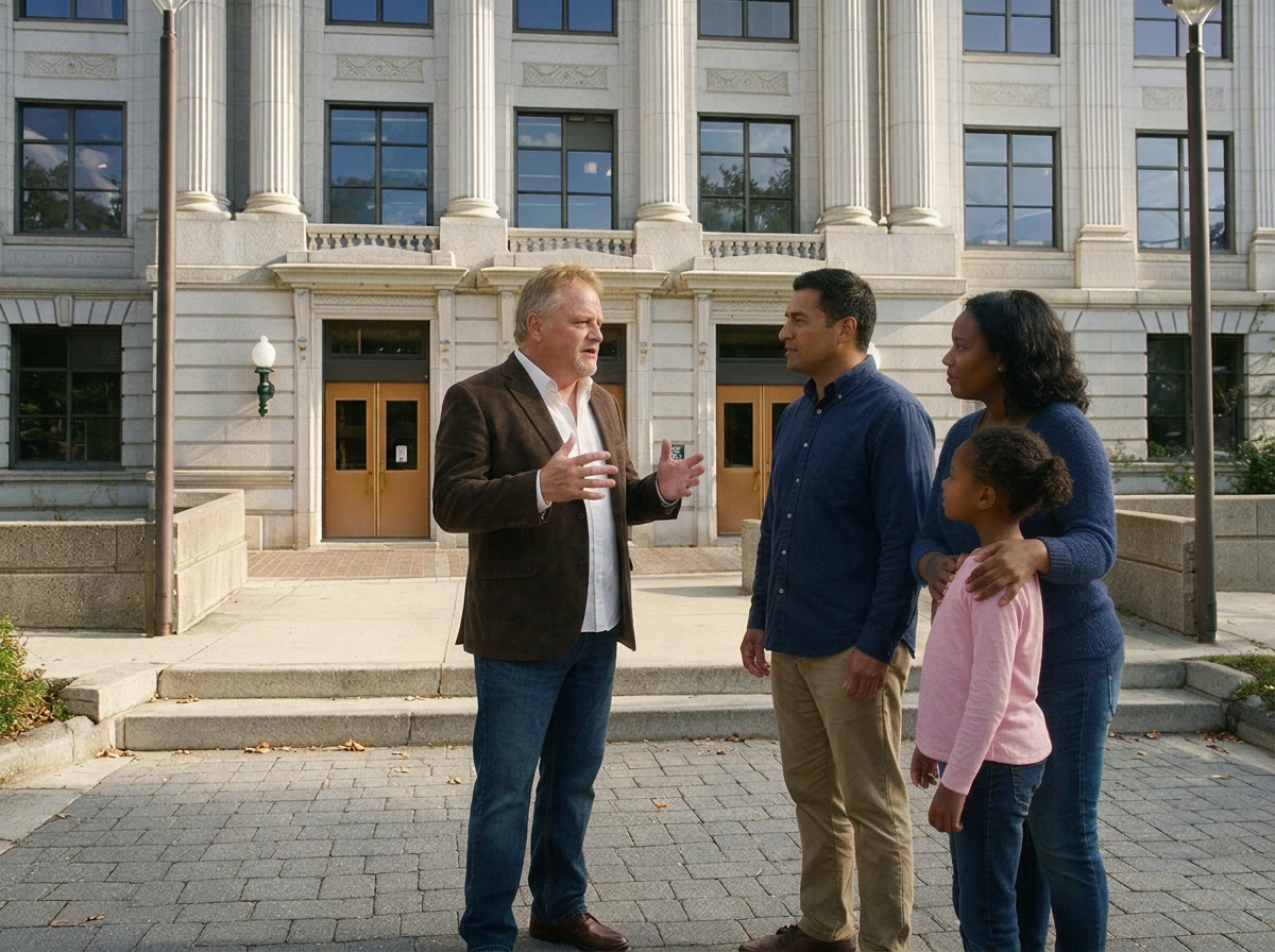 Mike Perdue talking with a family outside a county courthouse.