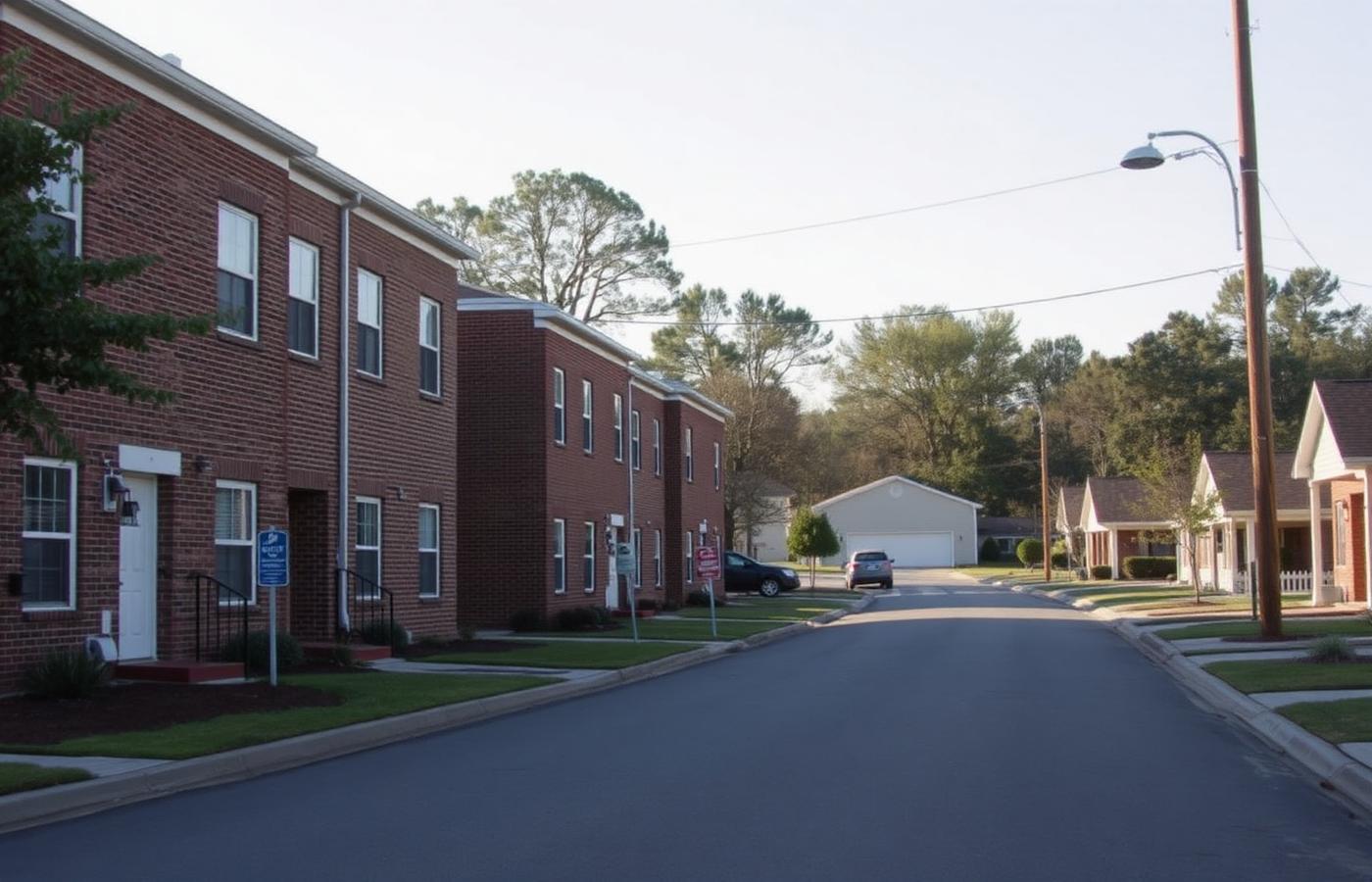 Homes and apartments along a residential street representing housing costs in Guilford County.