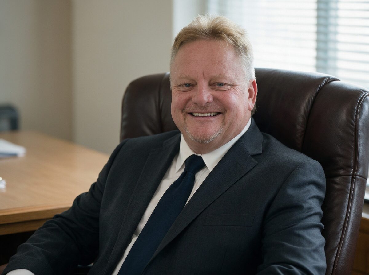 Portrait of Mike Perdue smiling at a desk in an office.